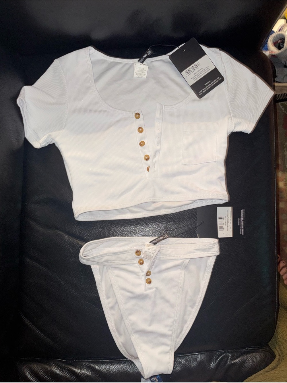 White Ribbed Button-Front Crop Top & High-Cut Bottom Bikini Set - Picture 7 of 8